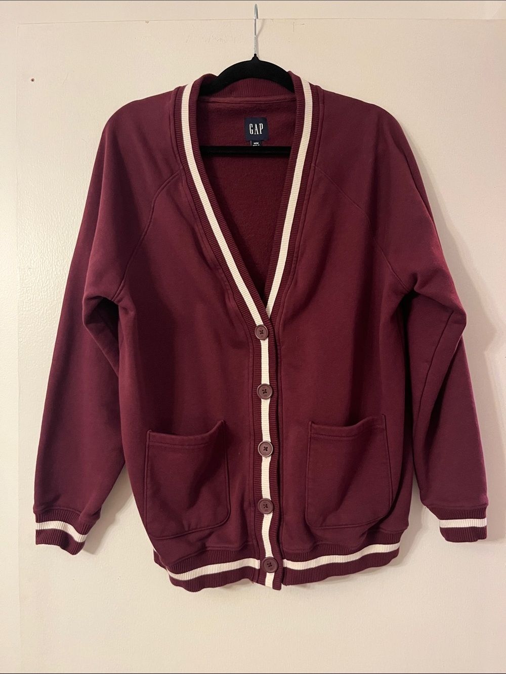 GAP Burgundy Varsity Cardigan Jacket with Cream Trim